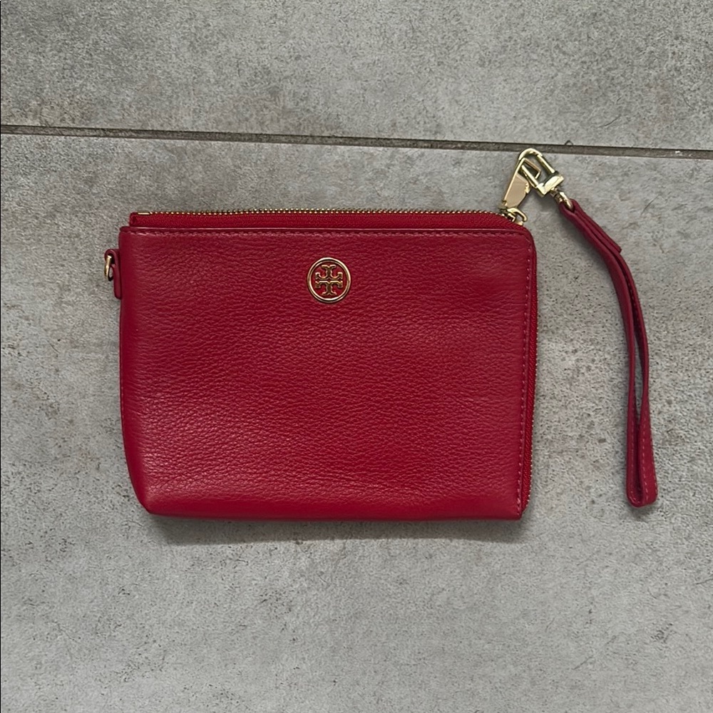 Tory Burch Red Clutch Wristlet with Gold Emblem